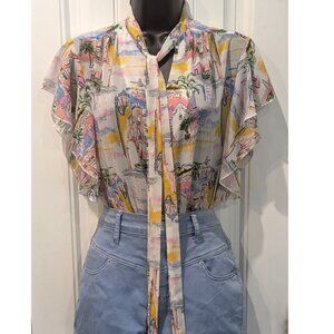 SHEIN Travel Print Blouse With Neck Tie (Women's Size S)